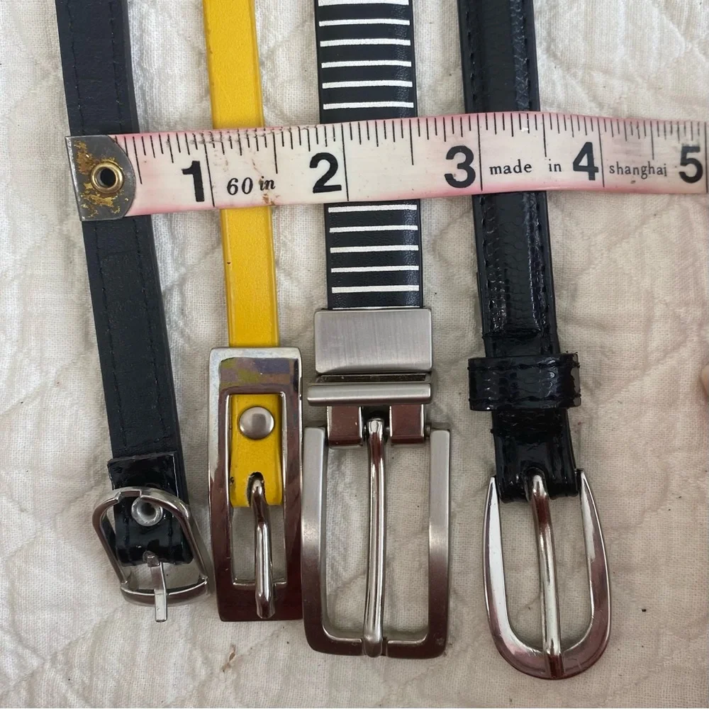 Bundle of 4 Classic Skinny Belts black, striped, yellow silver-tone buckle 30”